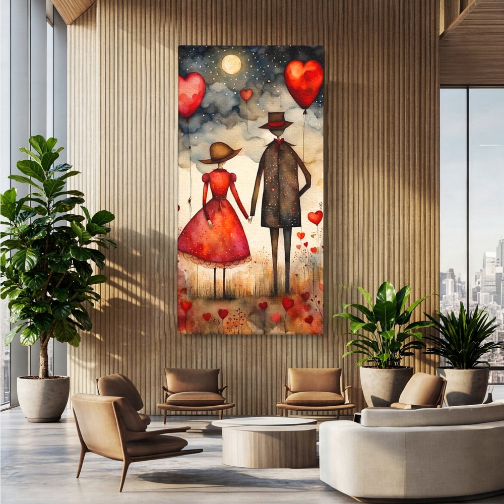 Tablou canvas cu ilustratie cu cuplu si baloane rosii in forma de inima, fara rama, pe sasiu de lemn, pe perete intr-un birou